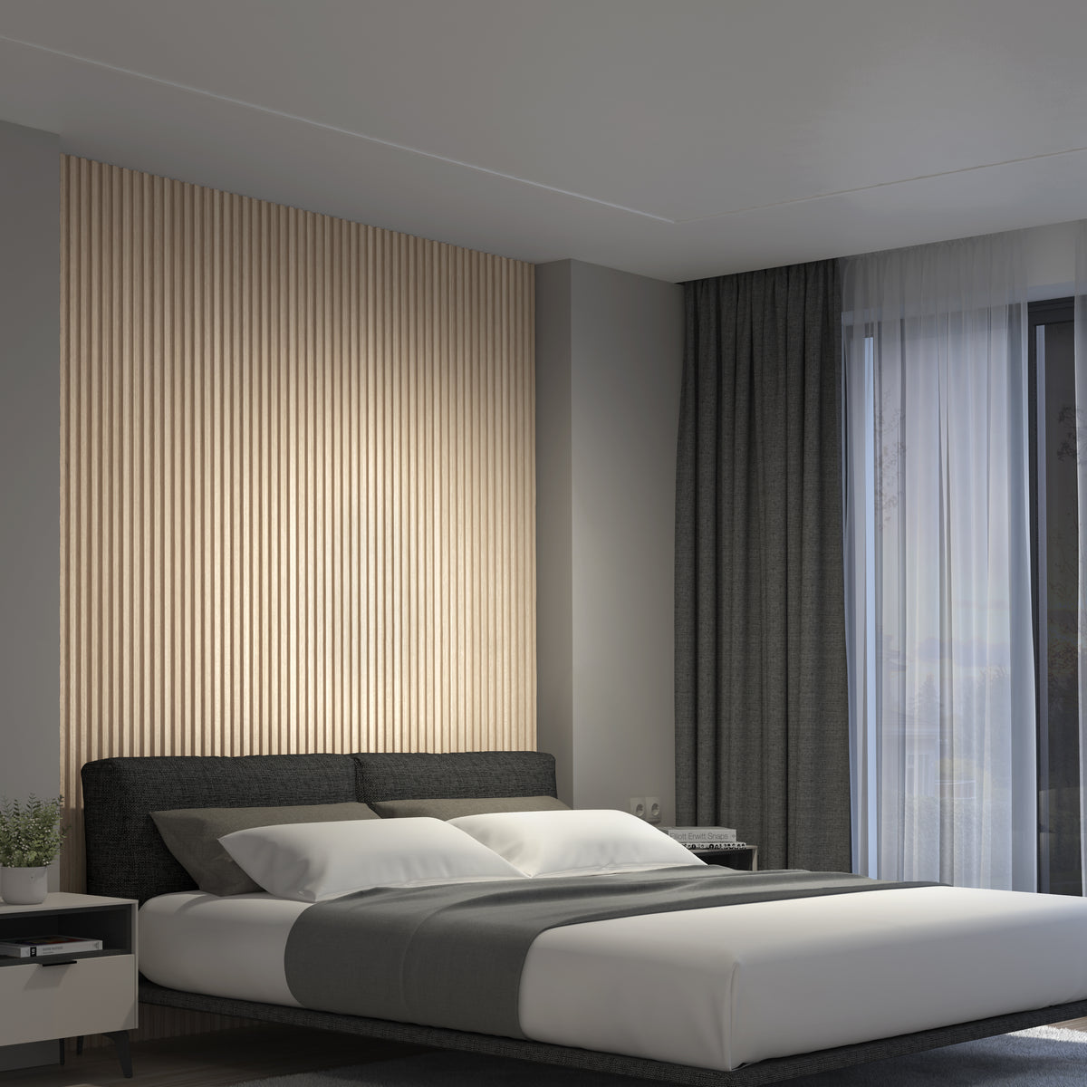 A modern bedroom features an Artika Panolok 30.67 ft wall panel kit (pack of 8) as a ribbed oak accent behind a dark upholstered bed with white and gray bedding. Floor-to-ceiling windows have sheer and dark curtains for natural light.