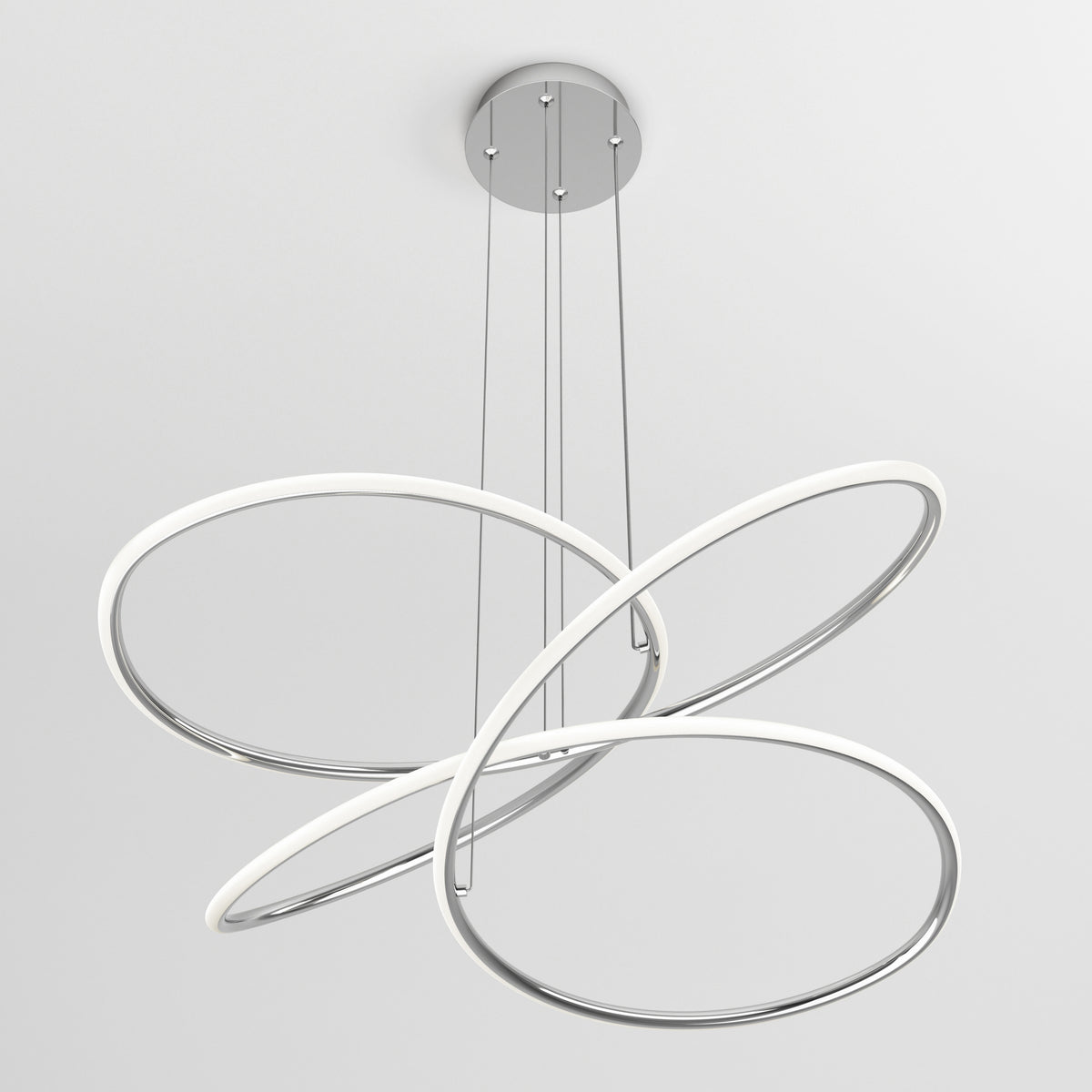 The Artika Swirl Butterfly LED contemporary pendant light features three intertwined chrome-finished rings with integrated LED strip lighting, suspended by wires from a round base; offers 3 CCT options.
