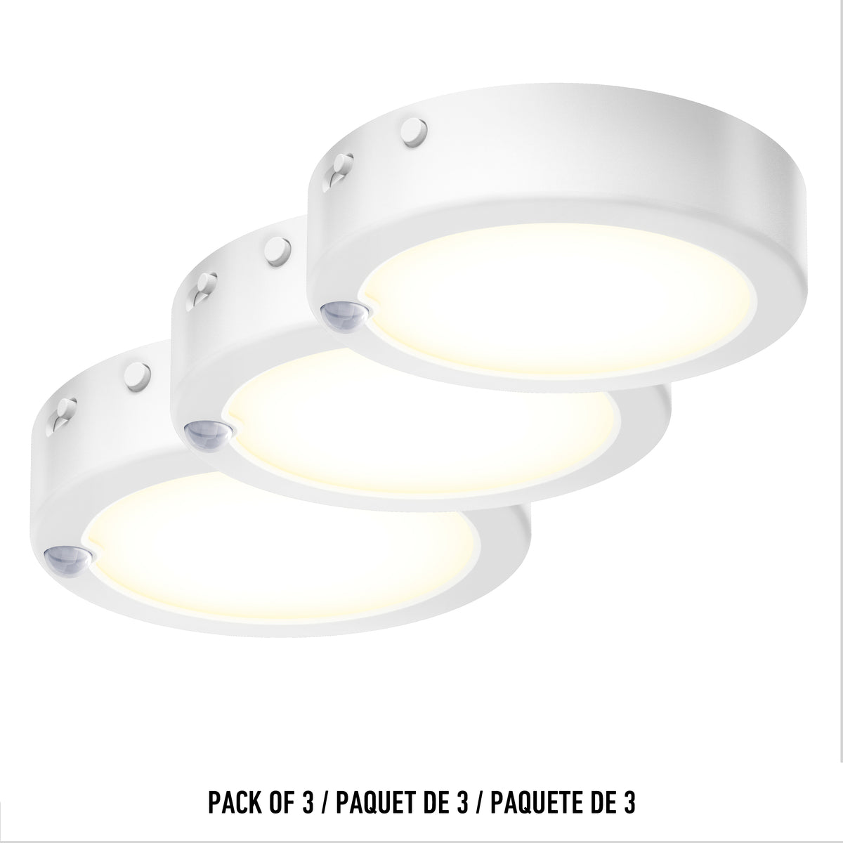 Three round Accent under cabinet LED lights (3CCT) by Artika are displayed in a staggered arrangement on a white background. Text below reads: PACK OF 3 / PAQUET DE 3 / PAQUETE DE 3.
