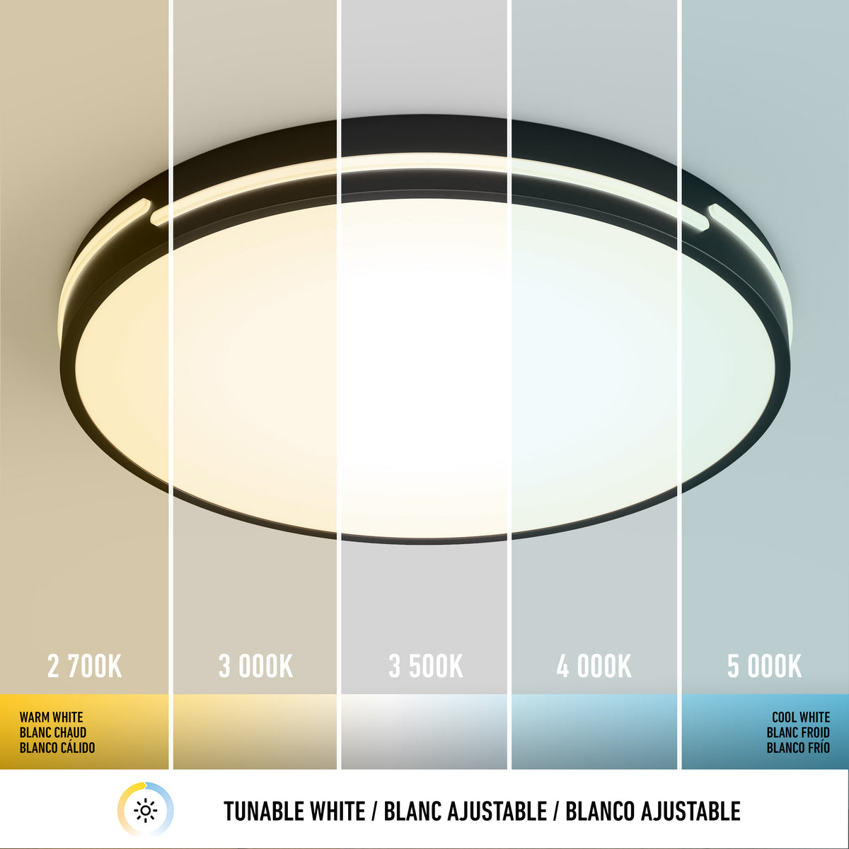 The Artika Delray 15.7 in. LED modern flush mount light offers five selectable color temperatures (2,700K–5,000K), each clearly labeled to show the smooth transition from warm yellowish to cool bluish white.