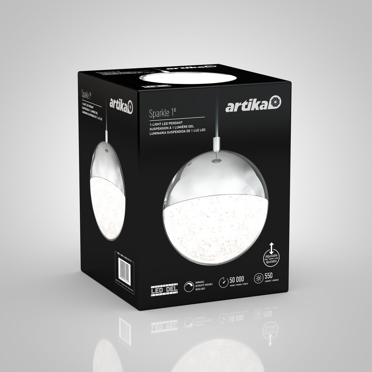 A black box displays the Artika Sparkle 1 light LED pendant, showing a photo of the spherical silver and white fixture, plus product info and icons for LED, 50,000 hours lifespan, and 550 lumens on the front.