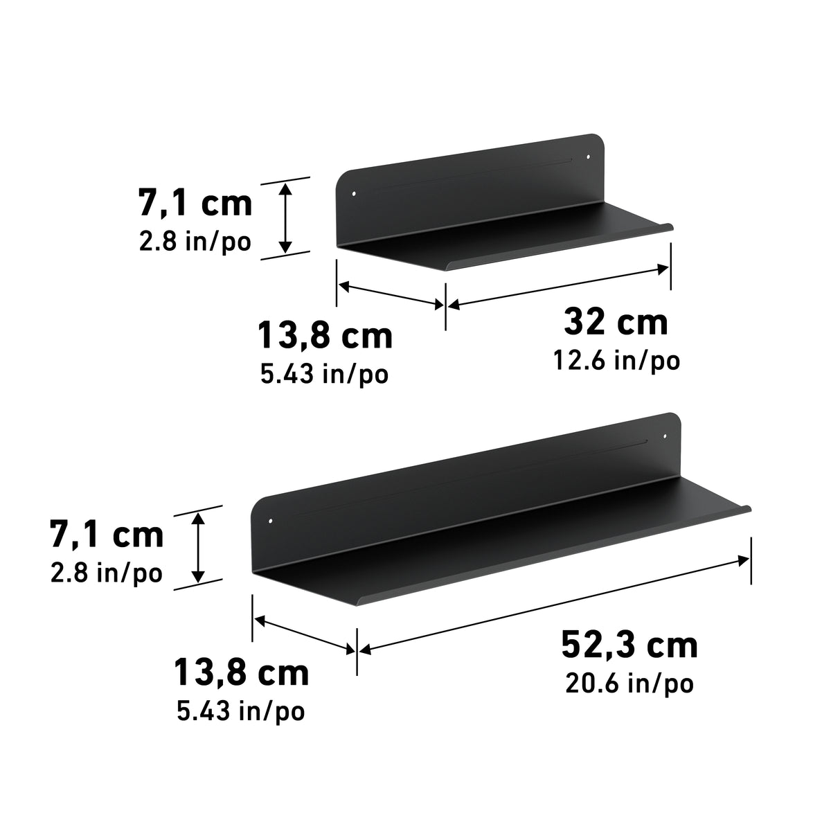 The Artika Sonokit set includes two black wall shelves for Sonolok and Sonofold panels: one 32x13.8x7.1 cm, the other 52.3x13.8x7.1 cm—perfect for quick installation and stylish organization.