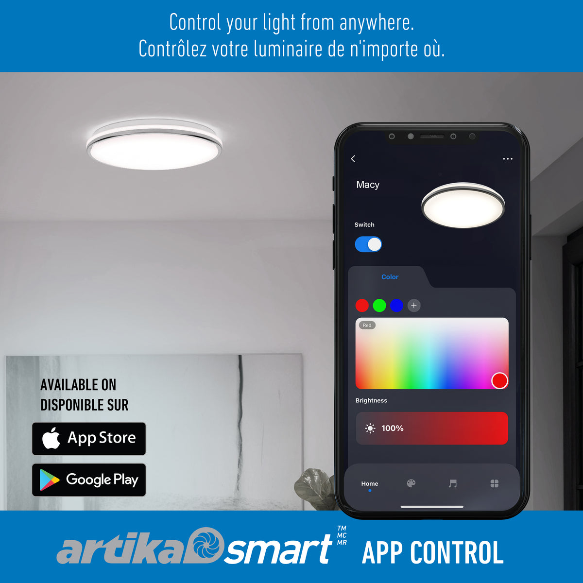 Artika Macy 15" LED RGB WiFi ceiling light: app control for color, brightness, power; Alexa compatible.