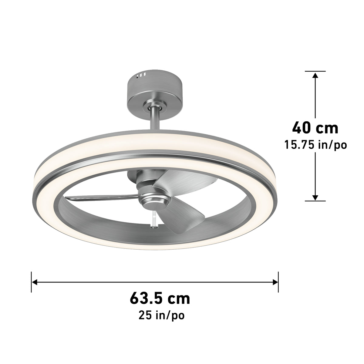 Artika Edwin 25 in. LED ceiling fan, modern look, 3 speeds with remote, features integrated light; shown with measurement arrows.