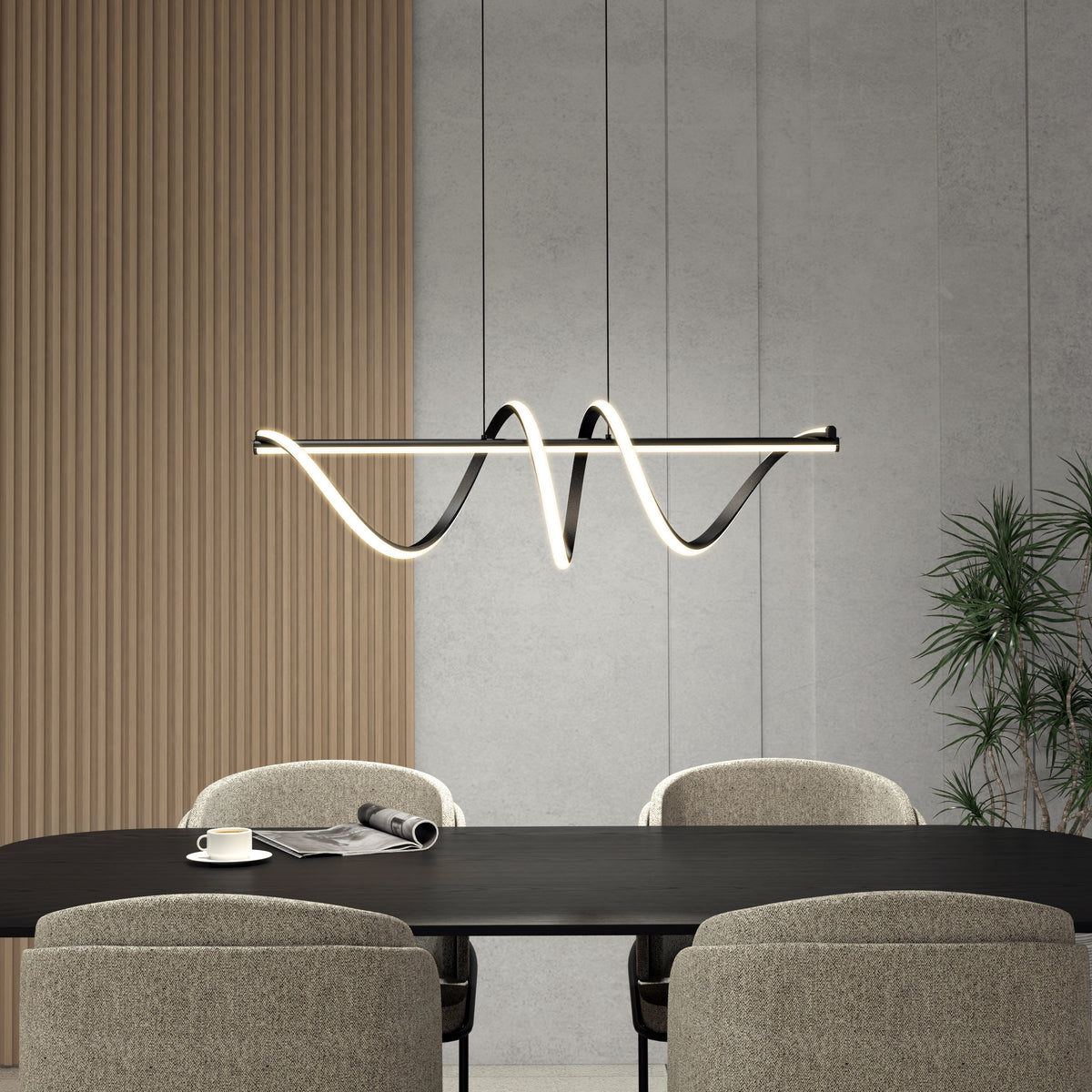 A modern dining room with a black table, four upholstered chairs, a cup and paper on the table, wood paneling, concrete walls, a potted plant in the corner, and the Artika Coda modern LED pendant light 5 CCT hanging above.