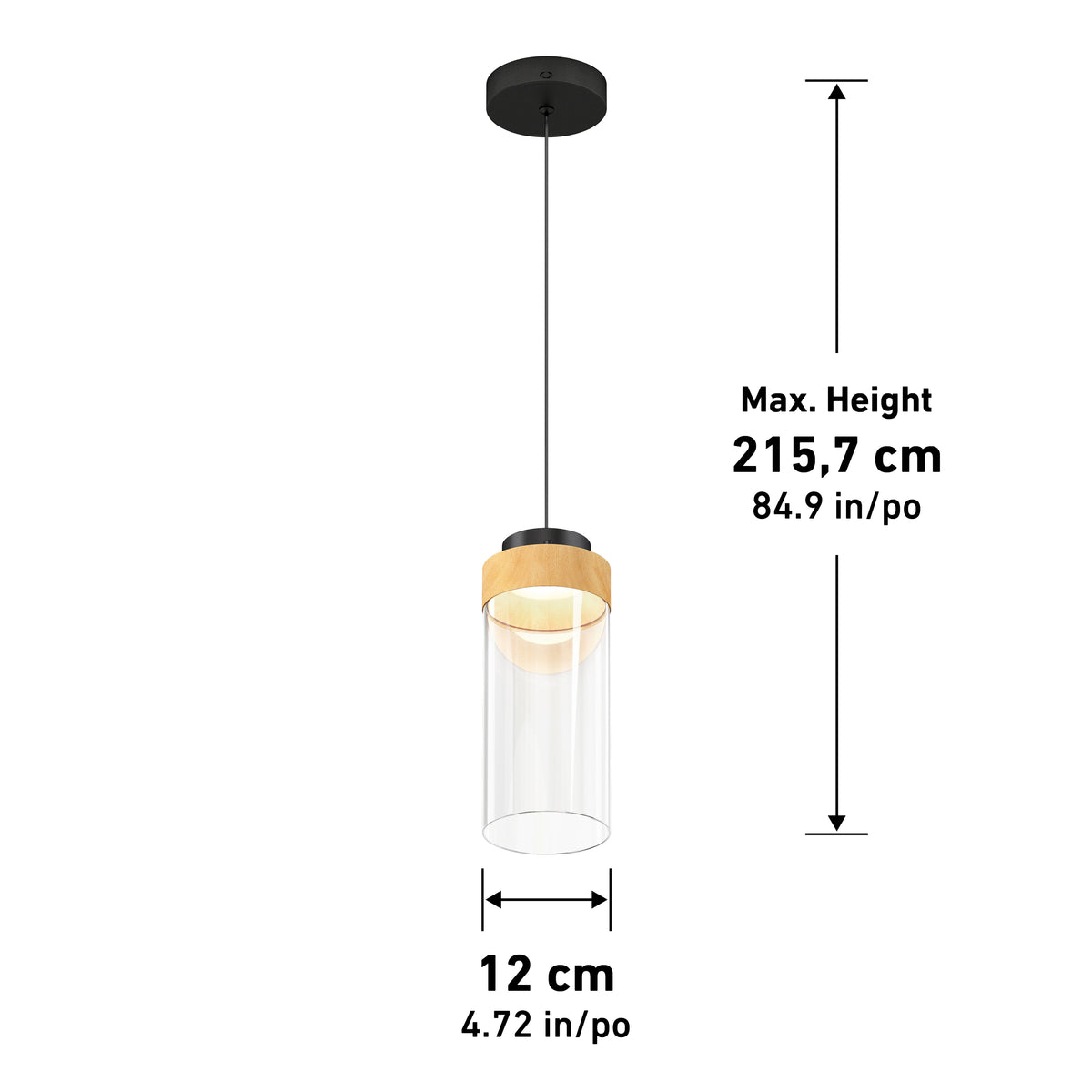 The Artika Hanson 1-light LED pendant features a black ceiling mount, wood accent, and clear cylindrical glass shade. Dimensions: 12 cm diameter, max height 215.7 cm (84.9 in). Selectable 5 CCT lighting.