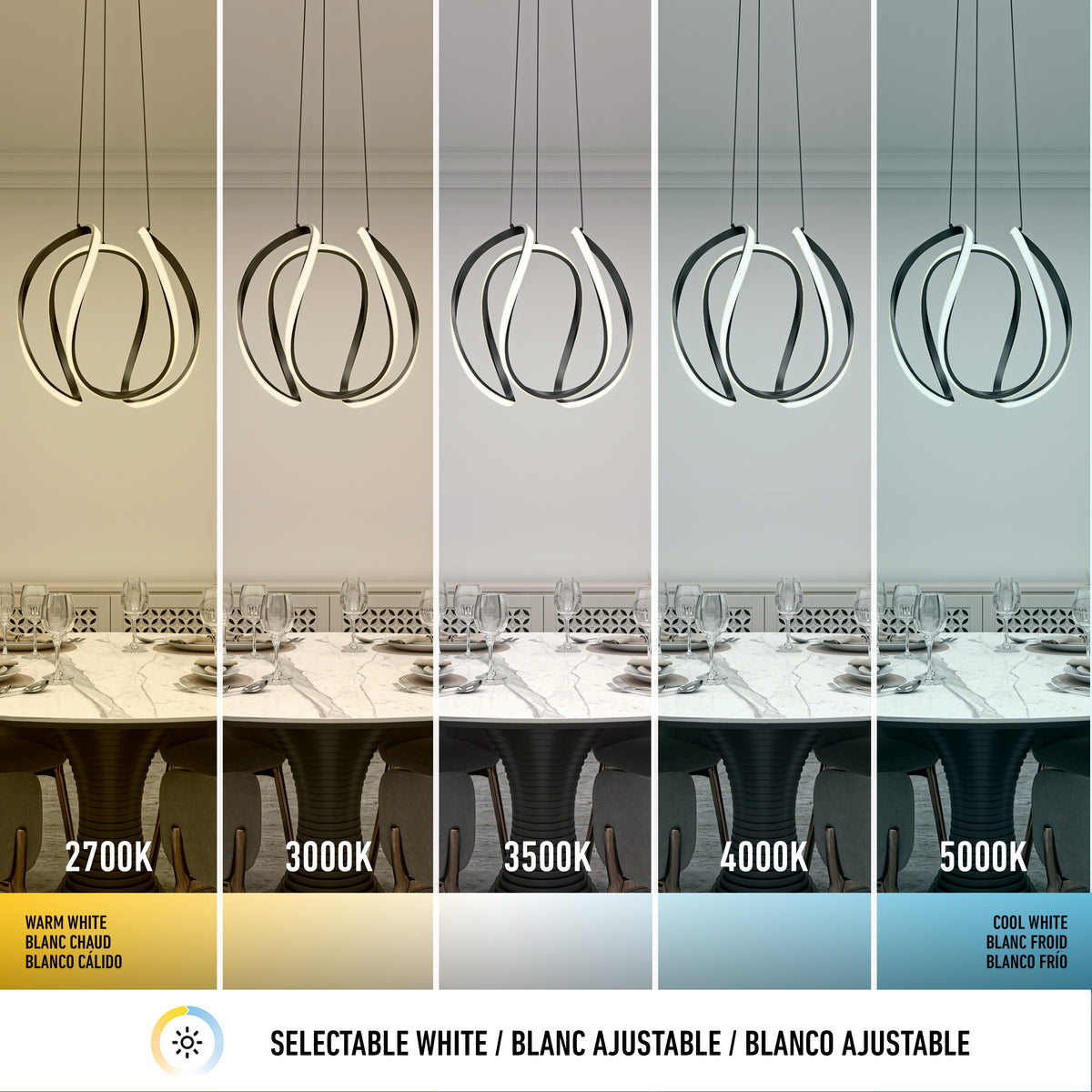 Five dining scenes feature the Artika Vivaldi Big LED pendant light with 5 CCT settings—2700K (warm), 3000K, 3500K, 4000K, and 5000K (cool)—each labeled to show a different white light temperature over set tables.