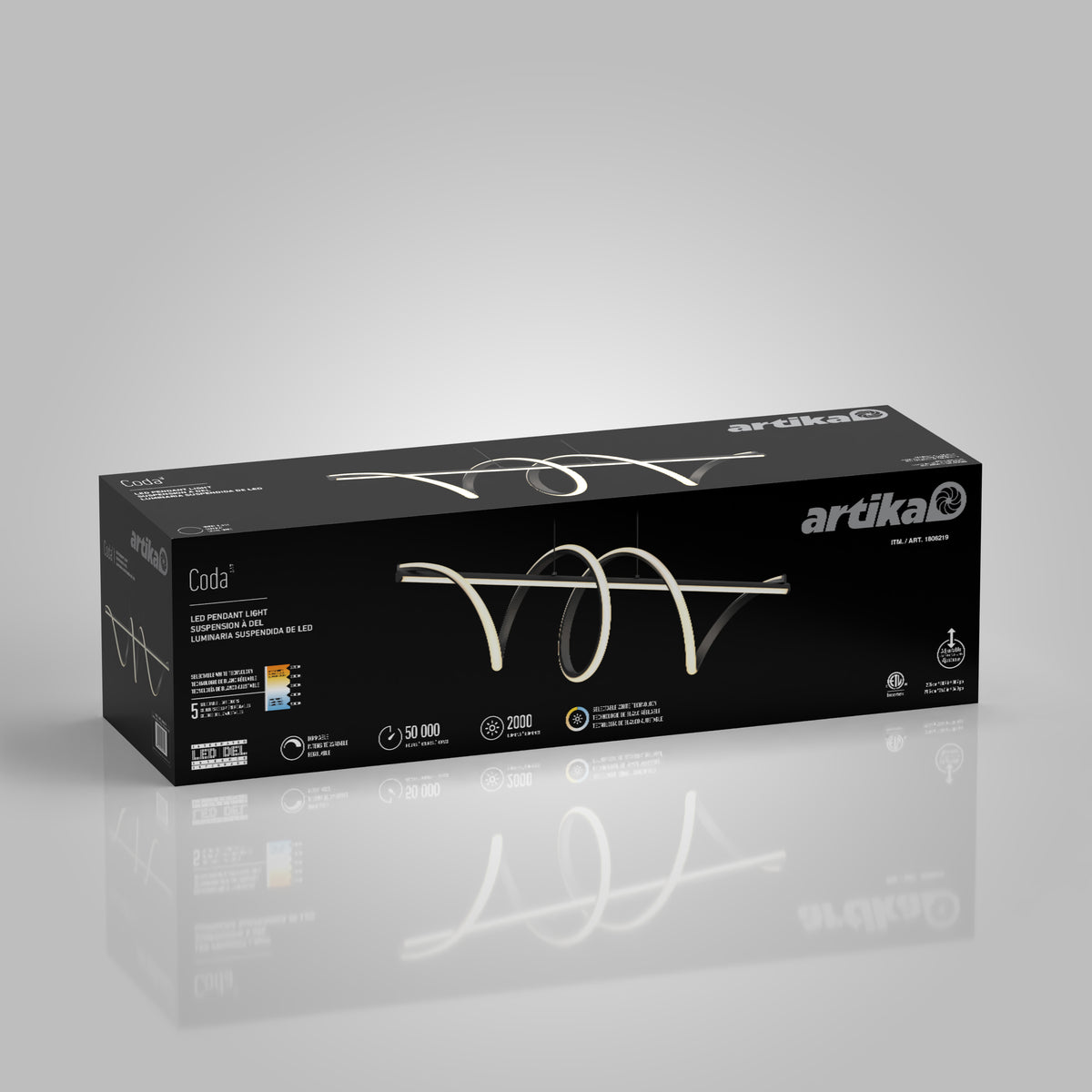 A black rectangular box for the Artika Coda modern LED pendant light 5 CCT features an image of the stylish curved fixture and highlights key details like adjustable color temperature, brightness, and energy efficiency on its packaging.