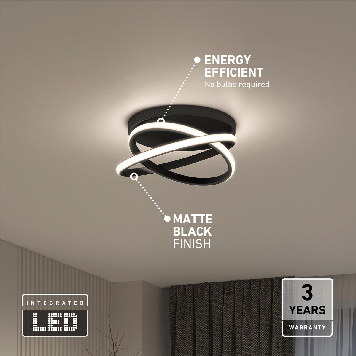 The Artika Orbia modern LED flush mount light 3 CCT features intertwined LED strips in a matte black finish, is energy efficient (no bulbs needed), includes a 3-year warranty, and is pictured mounted on a white ceiling with curtains and plant below.