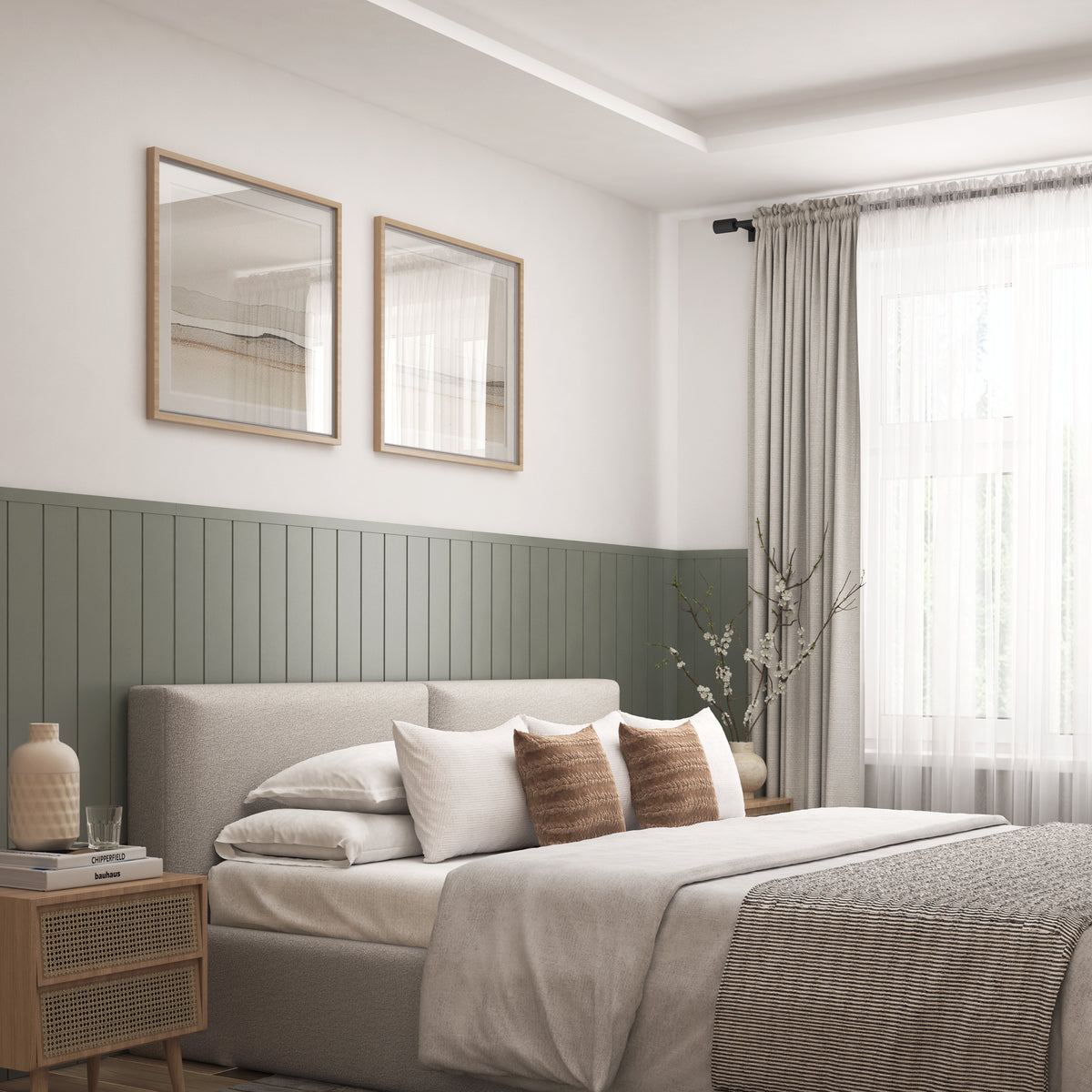 Modern bedroom with AXEN Shilap wall panels by Artika, green accent wall, large curtained window, and two pictures above a tidy bed.