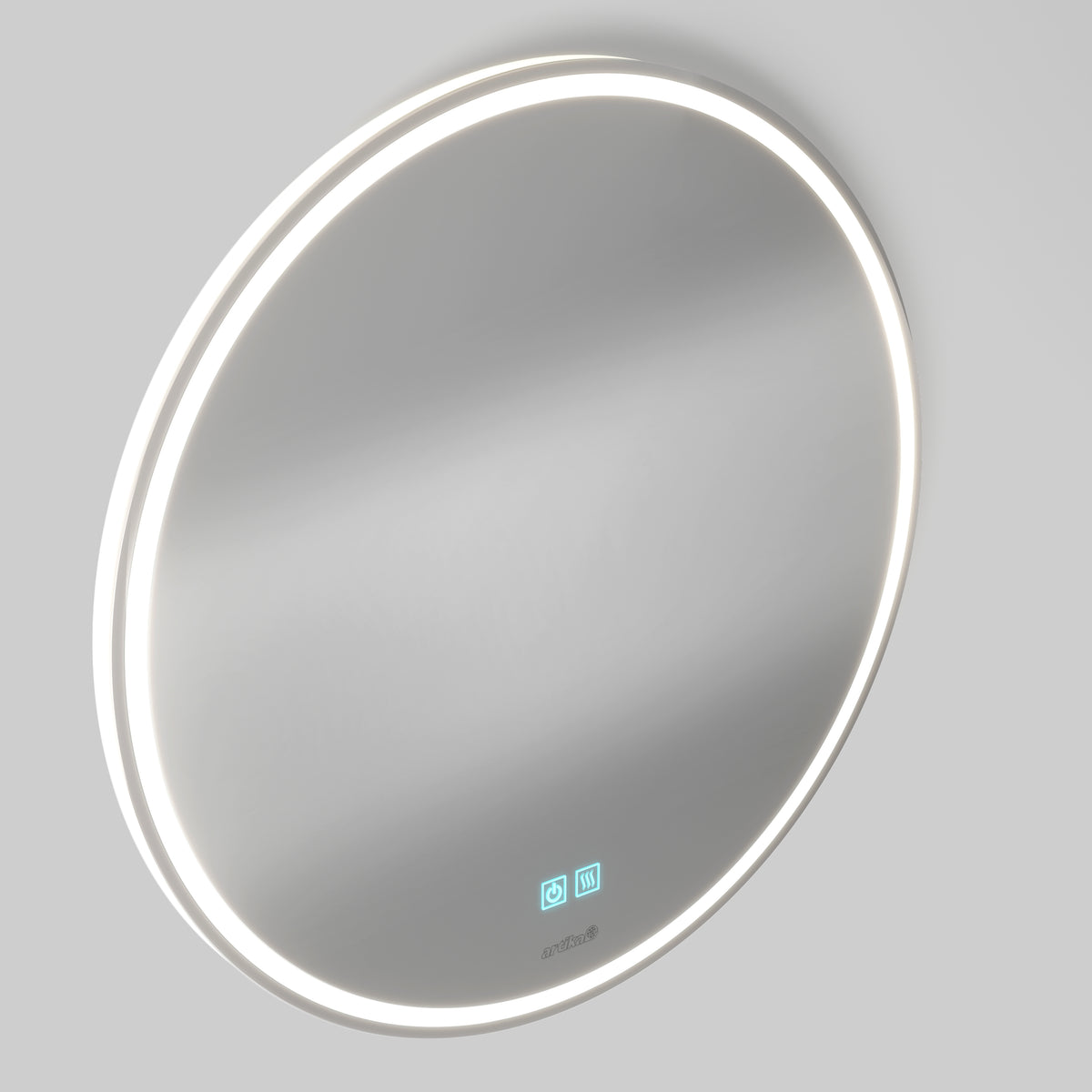 Artika Emeraude 24x24 in. anti-fog LED mirror with blue touch icons, on a light gray wall.