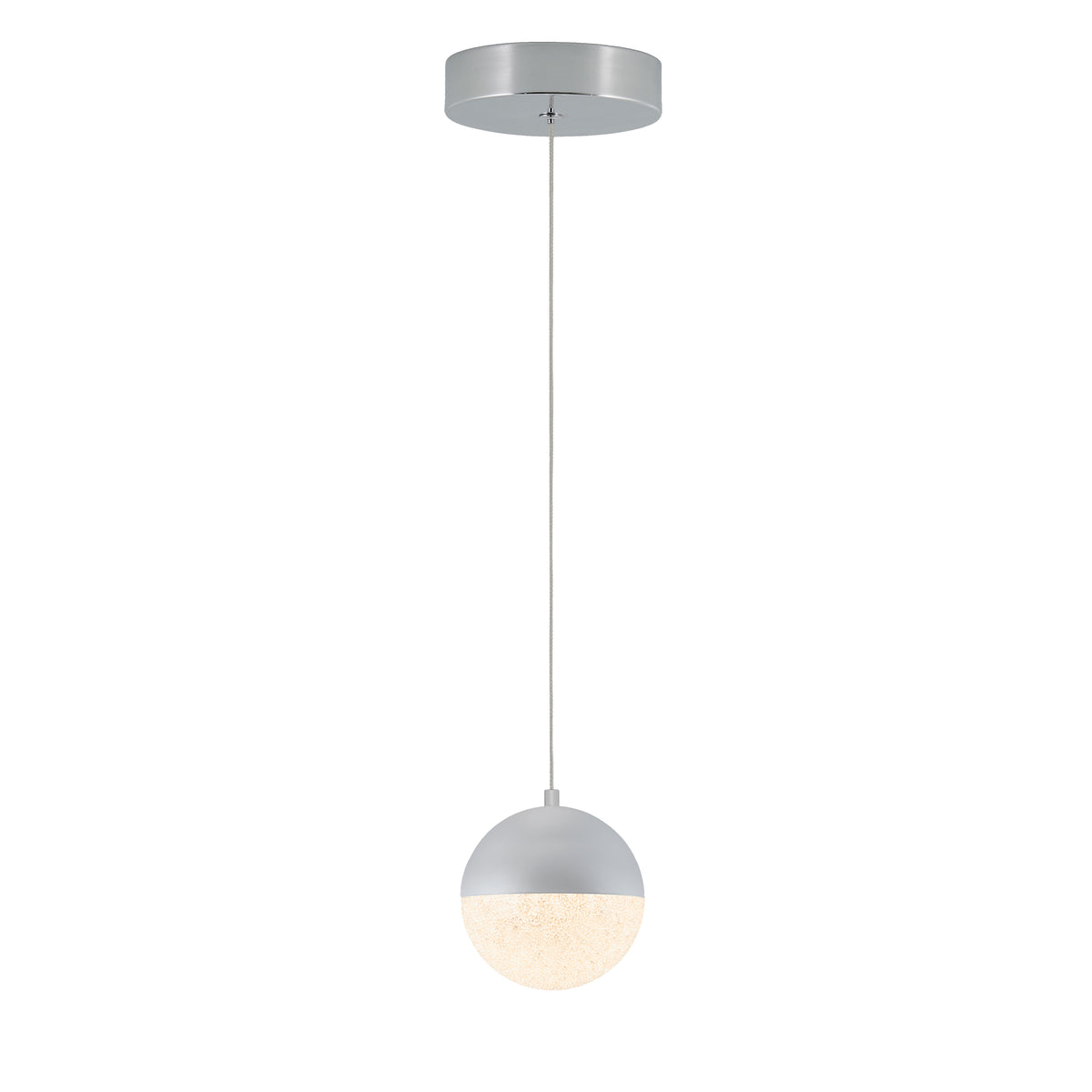 The Artika Sparkle 1 Light LED Pendant features a round frosted glass shade, silver half-sphere top, and silver ceiling mount, all suspended by a thin cord for a sleek modern look against a white background.