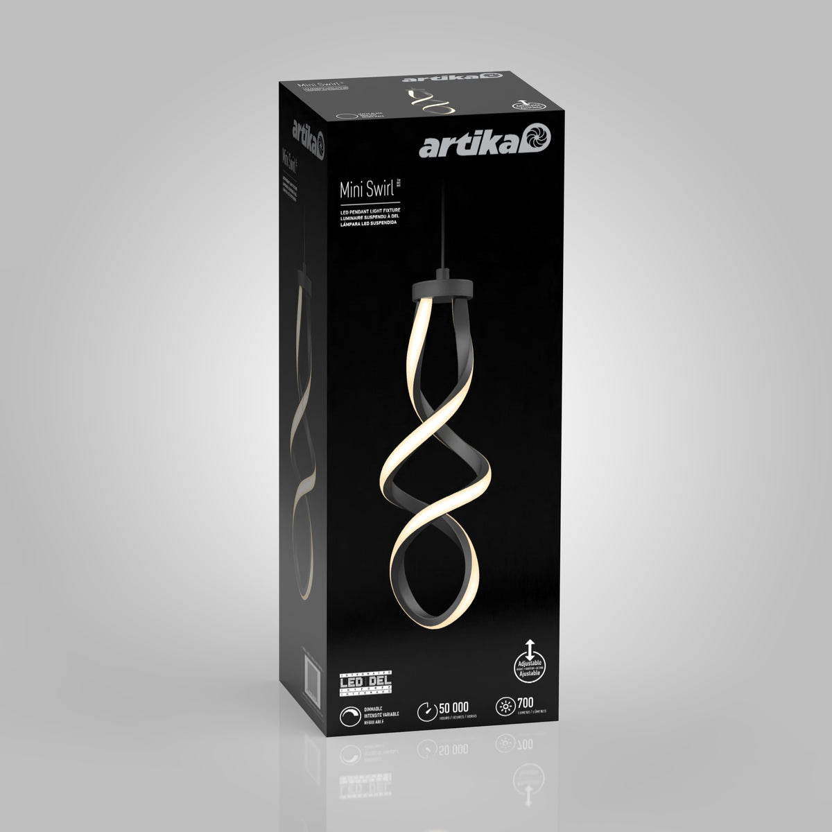 A black box displays the Artika Mini Swirl LED pendant light, featuring a sculptural spiral fixture on the front, with key product icons and specs shown in white text.