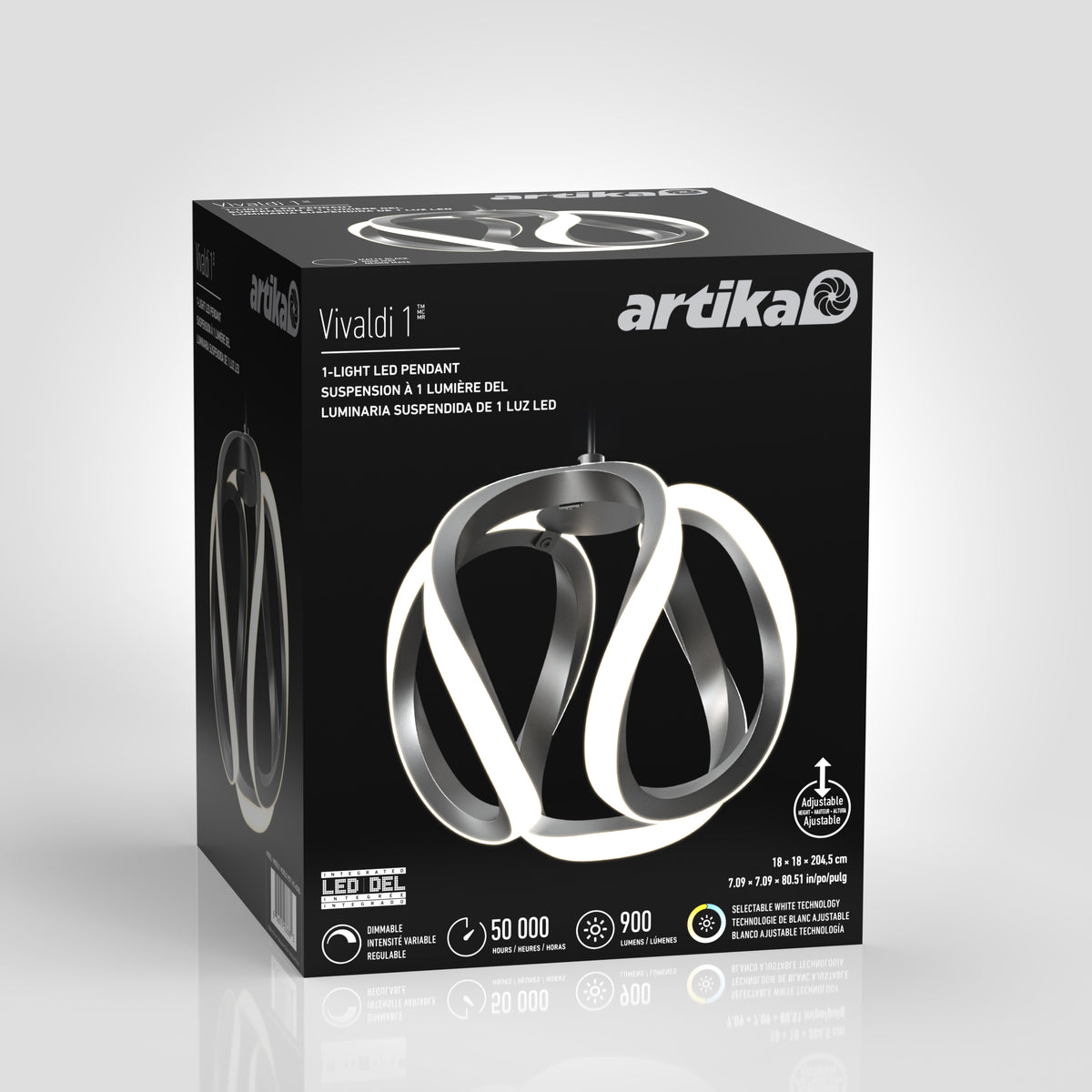 A black Artika box for the Vivaldi LED pendant light 3 CCT, showing an image of the modern ribbon-style fixture with lifespan, brightness, and dimensions detailed on the front.