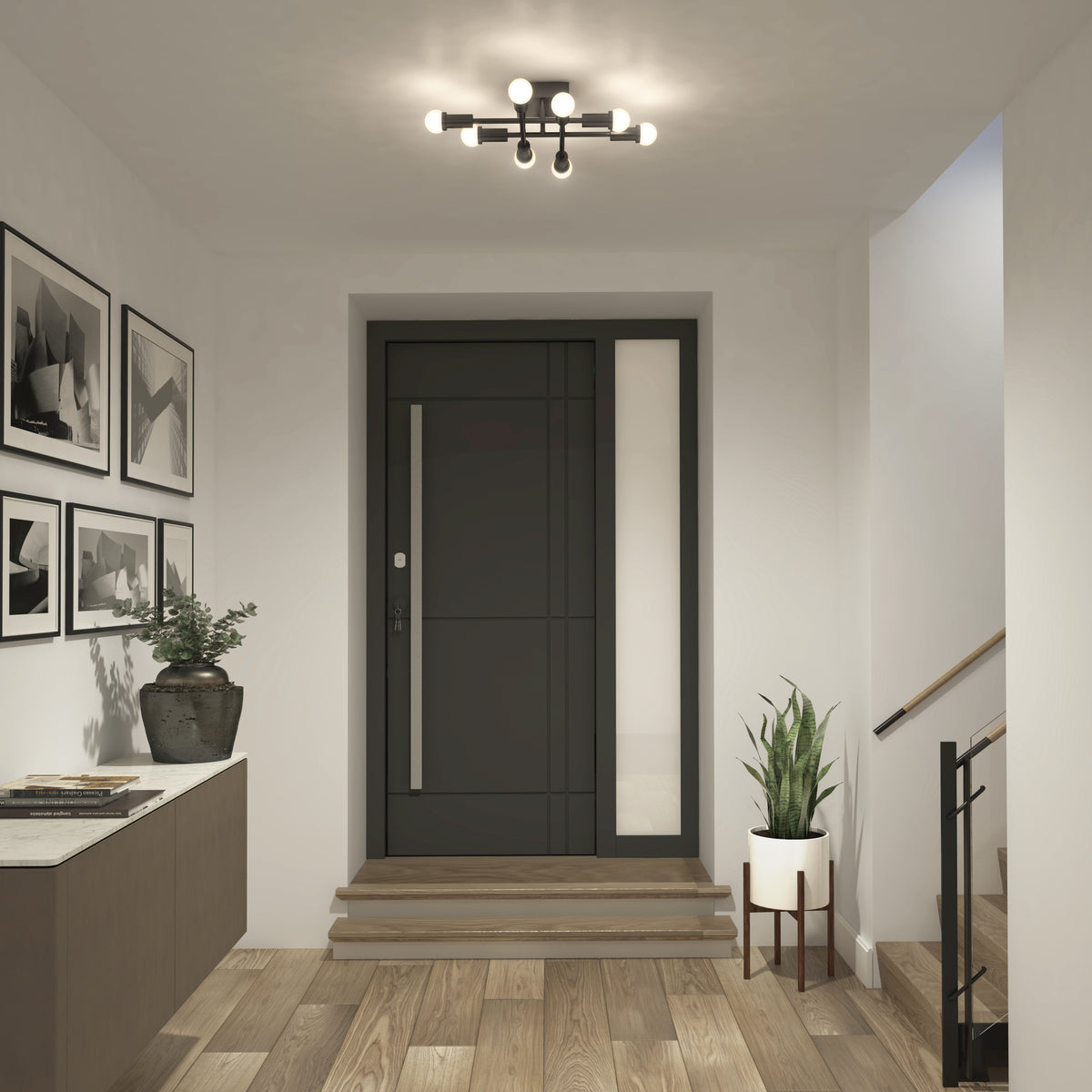 Modern entryway with black door, light wood floors, plants, wall art, and the Artika Aristo LED flush mount ceiling light.