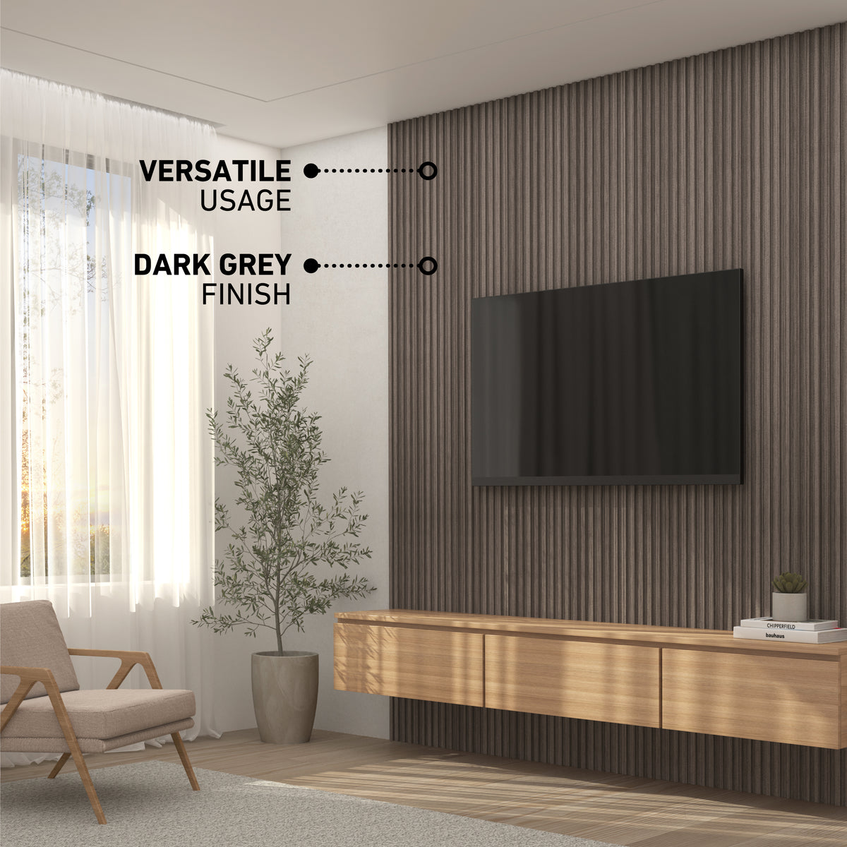 Create a modern living room with the Artika Panolok 30.67 ft wall panel kit (pack of 8) for a ribbed dark grey accent wall behind a wall-mounted TV, paired with versatile style and a sleek finish perfect for contemporary spaces.