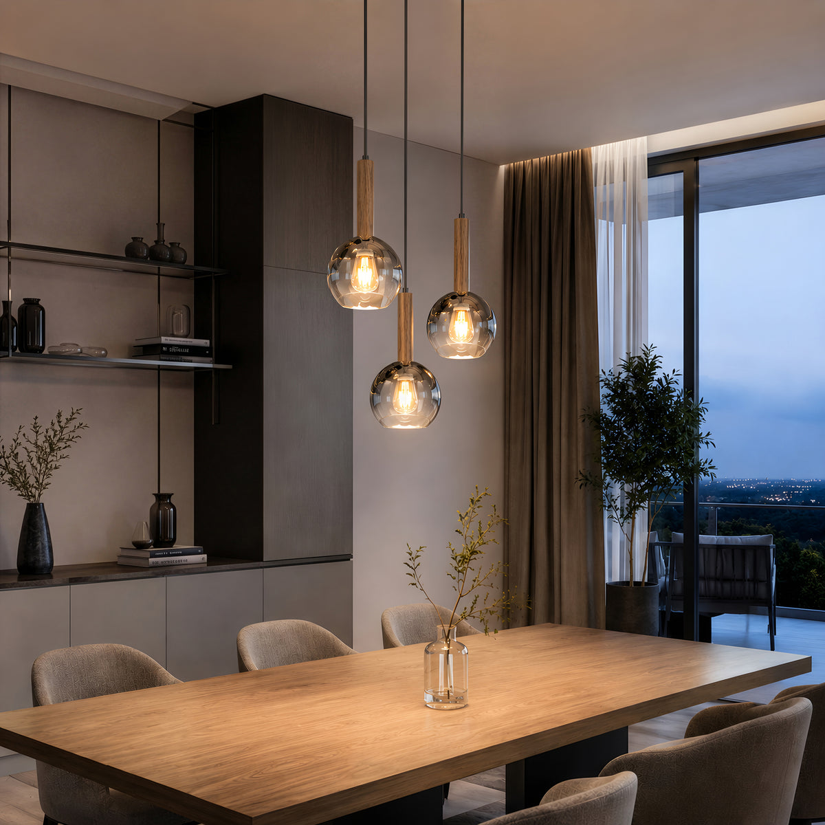 Modern dining room with Artika’s Ardel Spiral 3-Light Pendant (no bulbs), glass shades, wood table, beige chairs, and city views.