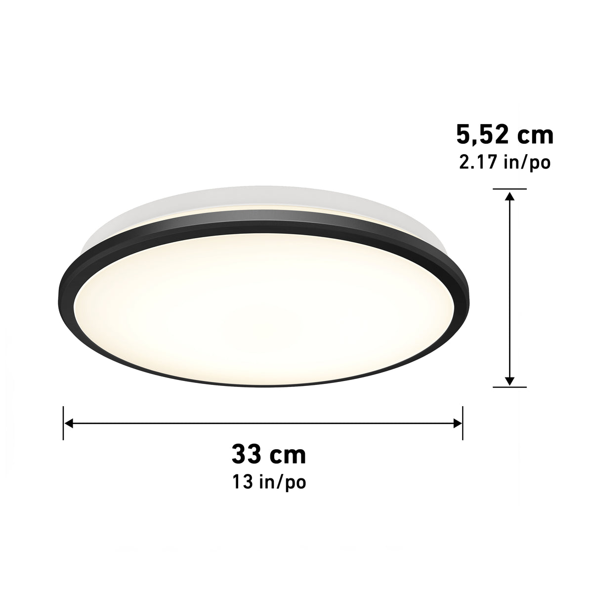 Artika Vera 13 in. (33 cm) modern LED flush mount ceiling light, dimmable with sleek black rim, measures 33x5.52 cm; shown with measurement arrows.