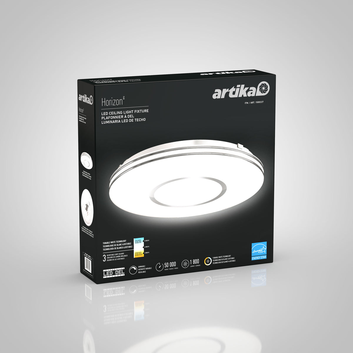 Box of Artika Horizon 13 in. LED flush mount light 3 CCT with product image and key features on a grey background.