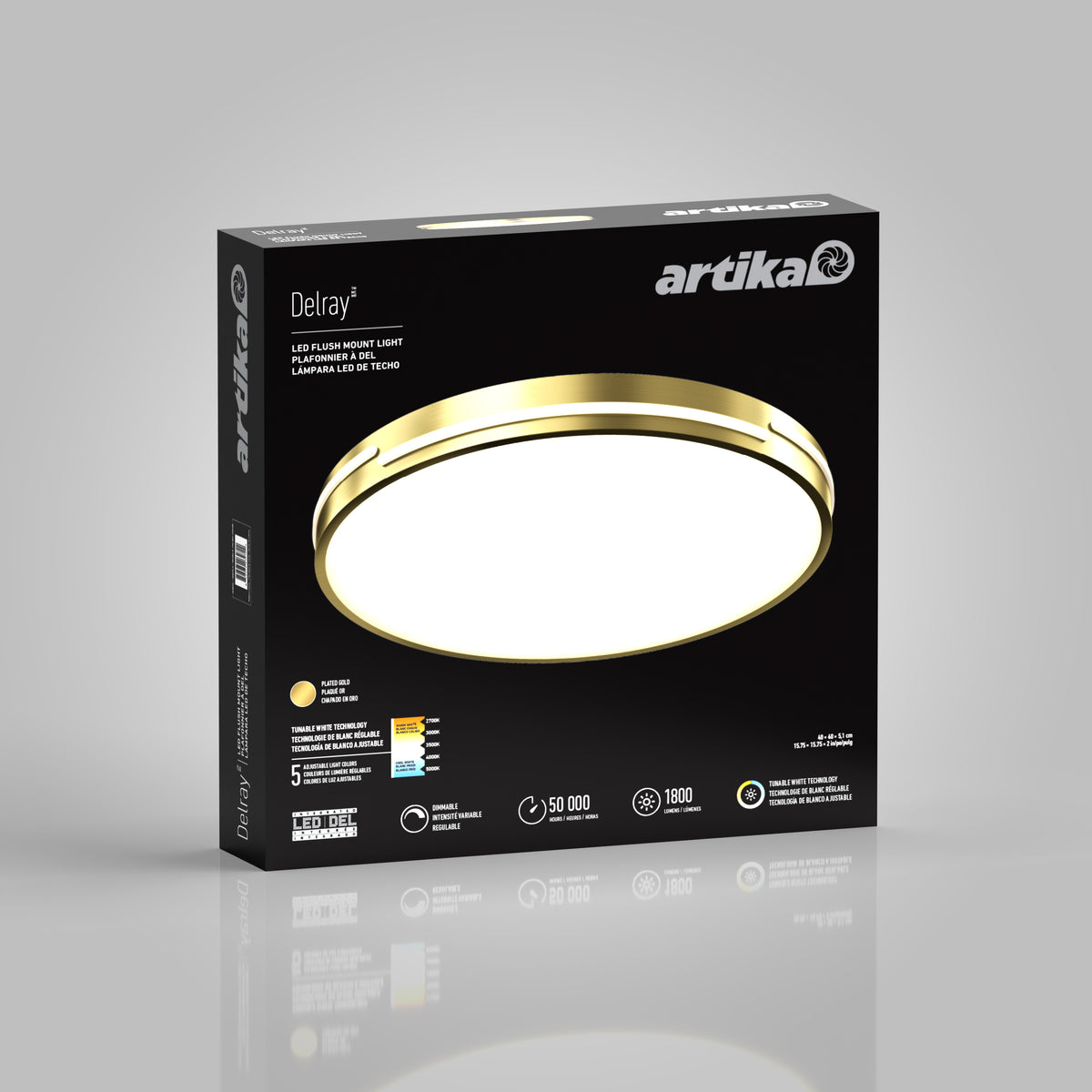 A black Artika Delray 15.7 in. LED modern flush mount light 5 CCT with gold accents, displaying its round design, brightness, energy rating, and key features on the front of the box.