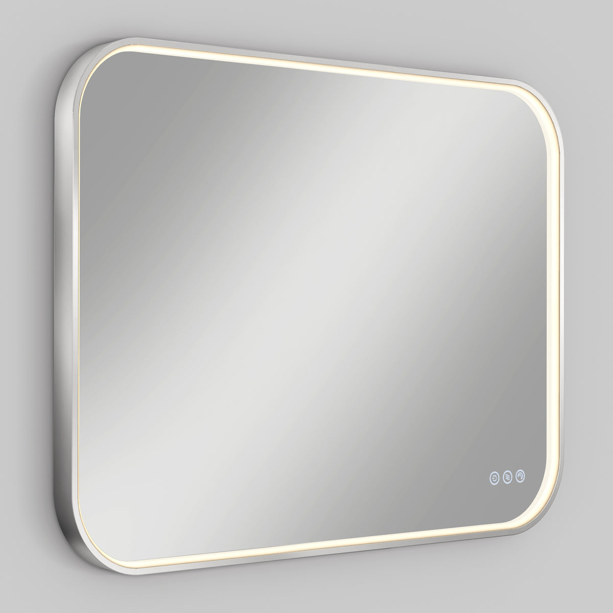 The Artika Royce Dimmable LED Mirror, 3 CCT, mounts horizontally or vertically and features rounded corners, built-in LED border lights, and three touch control buttons— including adjustable color temperature—set against a light gray wall.