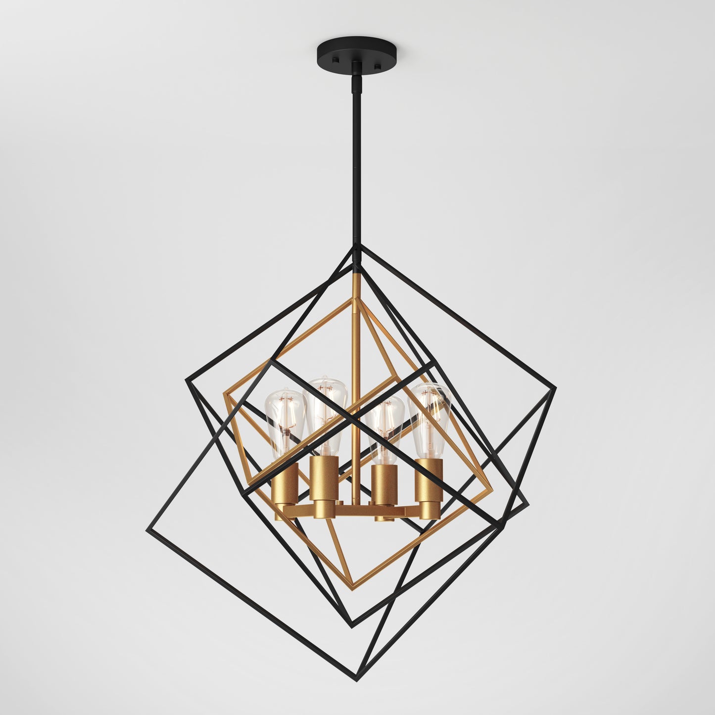 The Artika Harmonium modern mid-century pendant light showcases intersecting black metal geometric frames with gold accents, four exposed bulbs, and a black ceiling mount, shown against a white background.