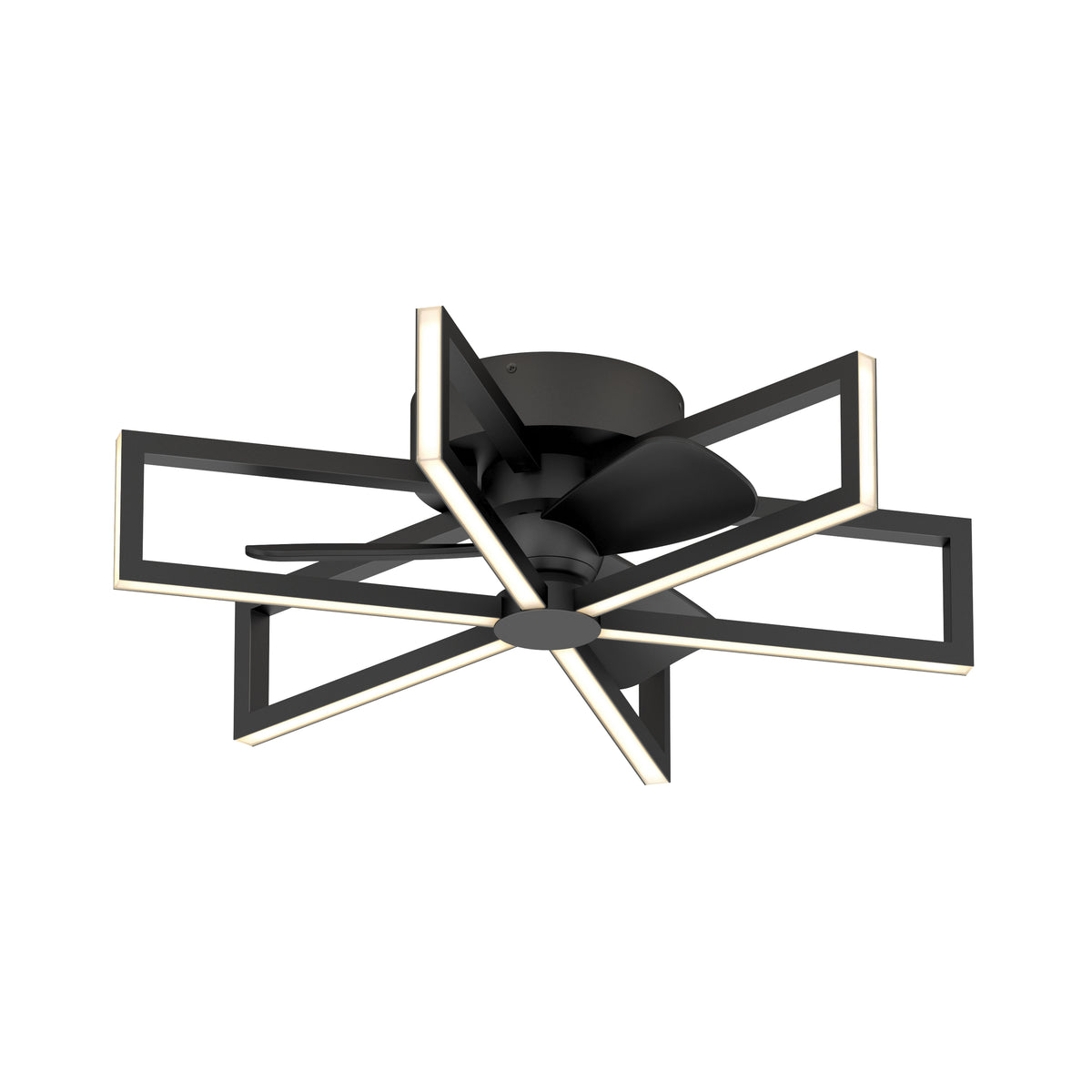 The Artika Swirl 26 in. LED modern ceiling fan features a sleek black finish, four open-frame blades in a geometric pattern, integrated LED edge lighting, 3 speeds, and comes with a remote control.