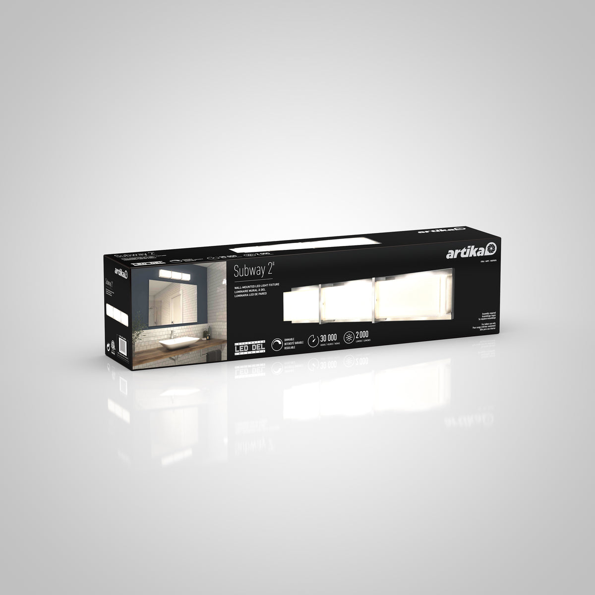 Rectangular black box packaging for Artika Subway modern LED bathroom vanity light, featuring product image and side-listed features.