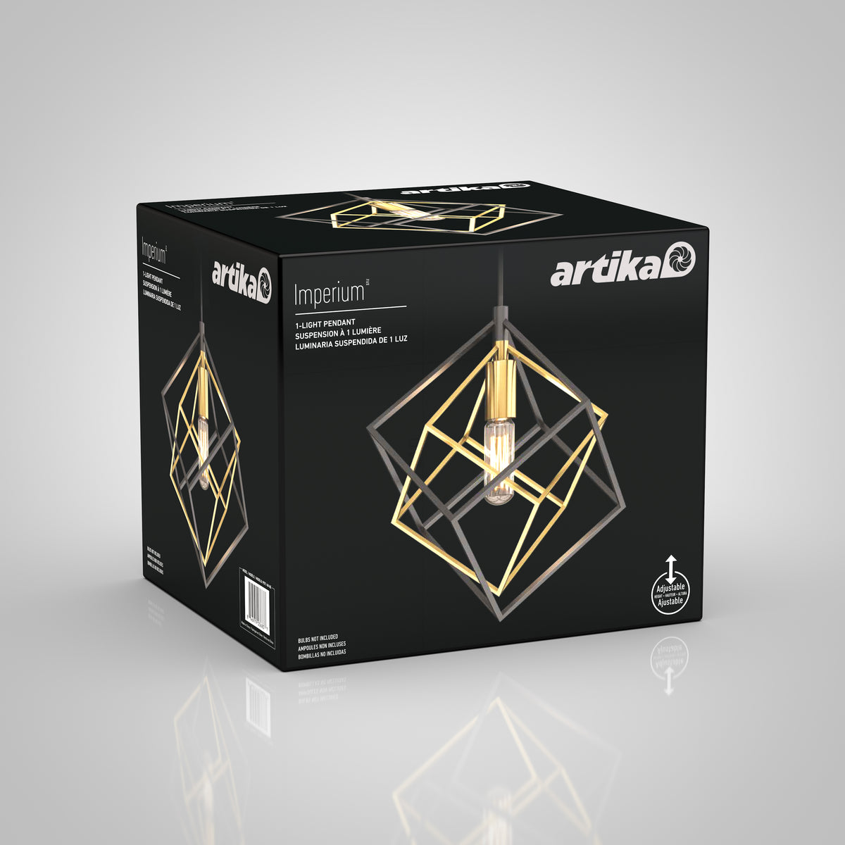 A black box displays the Artika Imperium Single pendant light, featuring a modern gold and black geometric metal frame. The packaging prominently showcases the product image and Artika branding.