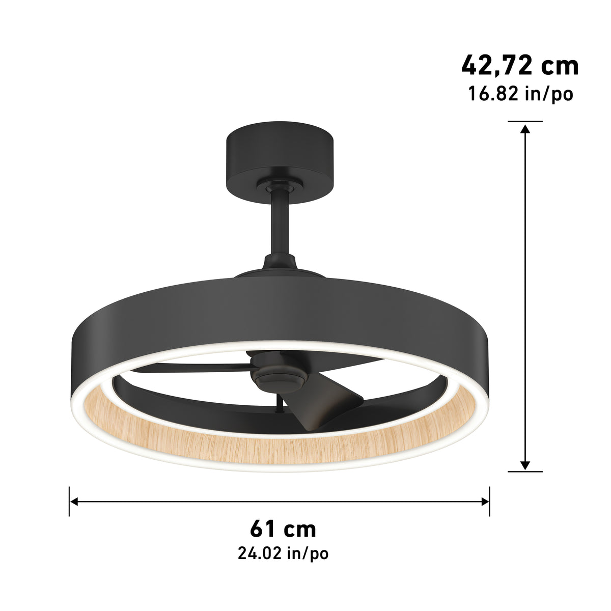 The Artika Alton 24 in. LED modern ceiling fan features a circular LED light frame, black finish, and wood accent. Height is 42.72 cm (16.82 in). Measurement arrows are shown beside and below the fan. Includes 3 speeds and remote control.