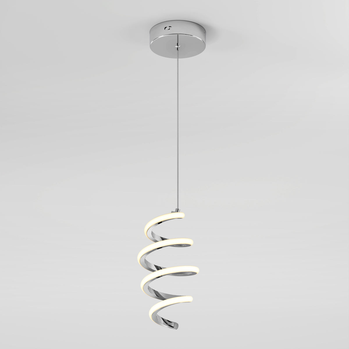 The Artika Chorus 1-light LED pendant features a modern spiral design with a chrome finish, integrated LED strip, and adjustable single-wire suspension from a round ceiling mount, shown against a plain white background.