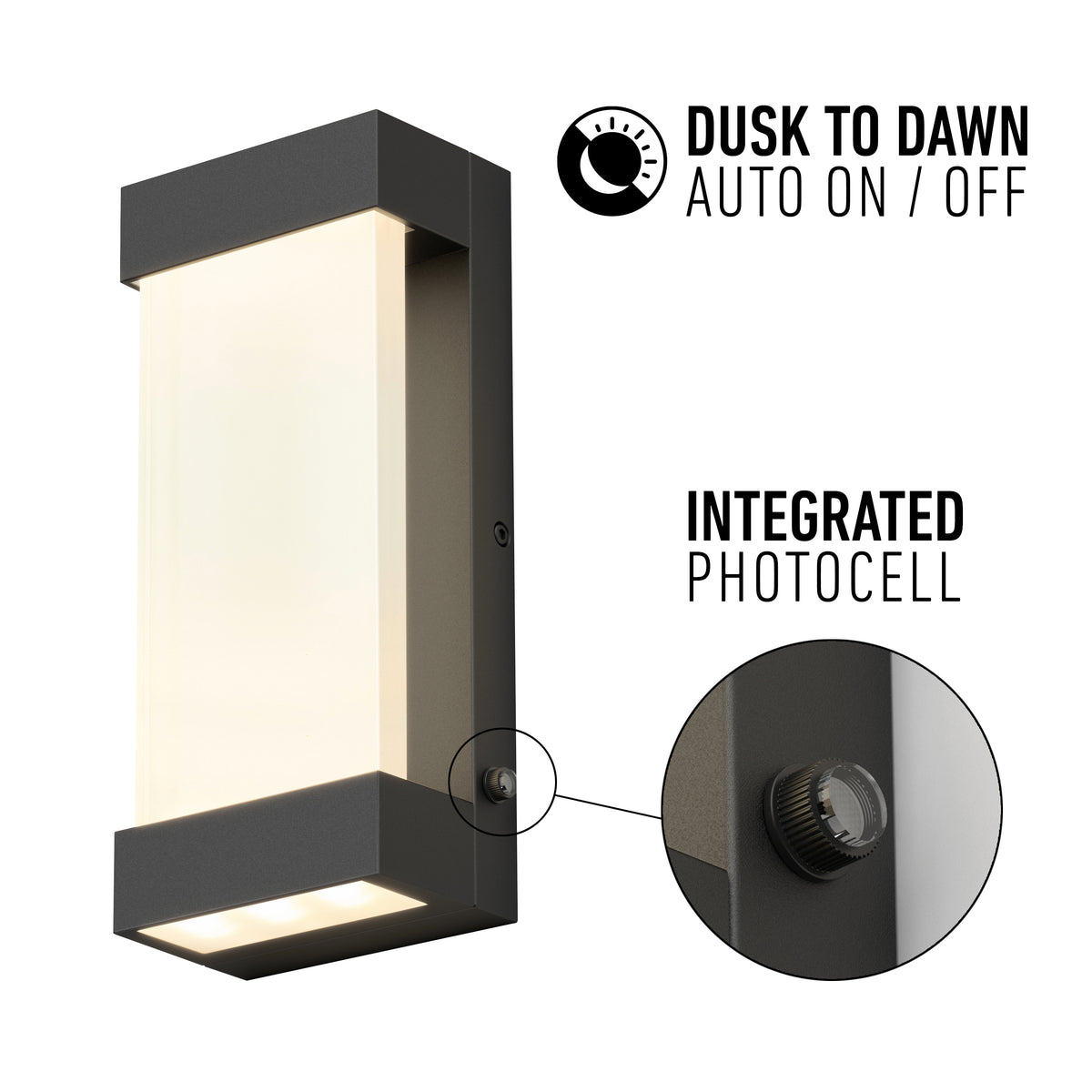 Artika Glacier indoor-outdoor LED wall light shown with a close-up of its integrated photocell. Text: “Dusk to Dawn Auto On/Off” and “Integrated Photocell.” Features a modern rectangular design with dark frame and lit panel.