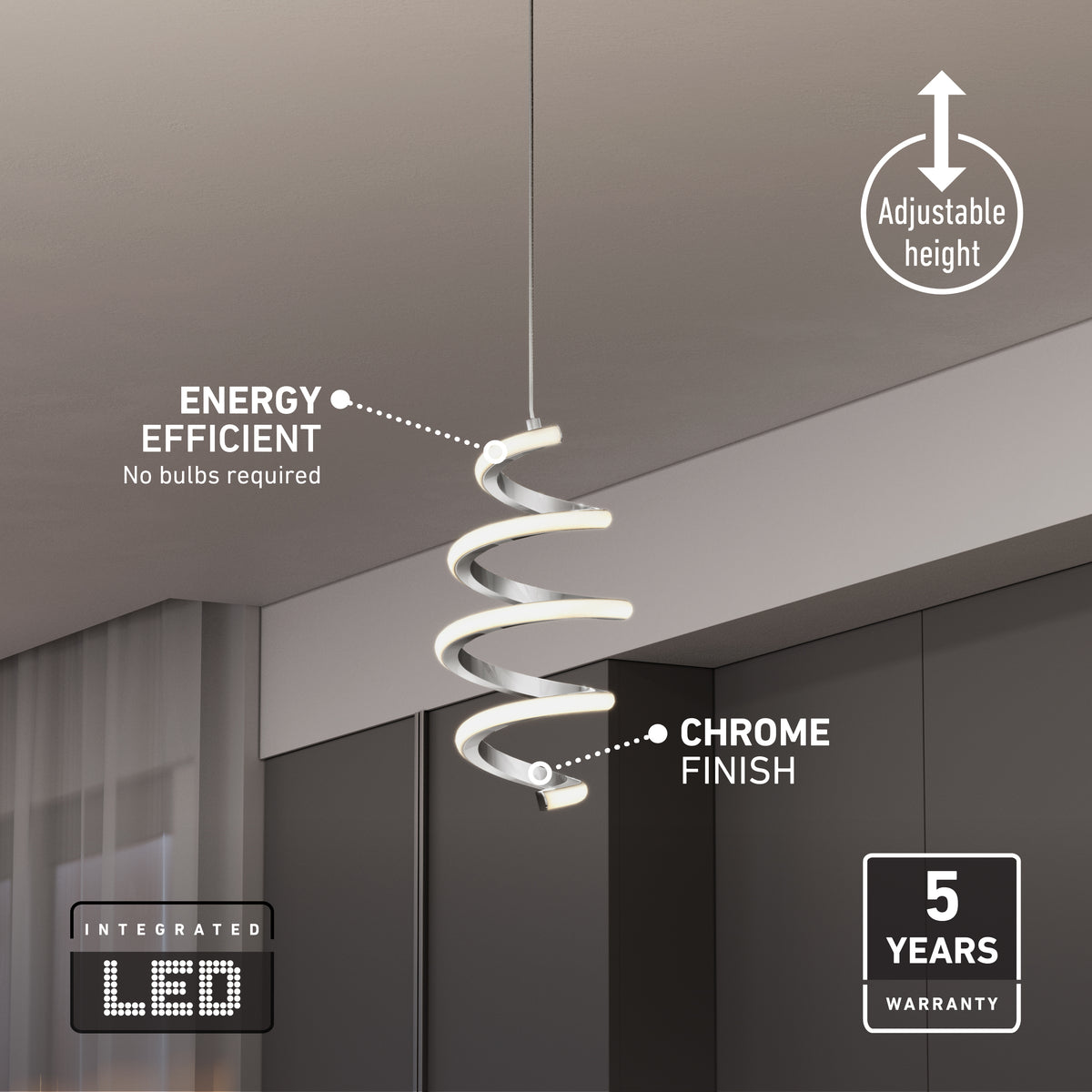 The Artika Chorus 1-light LED pendant 5 CCT features a modern spiral design, chrome finish, adjustable height, integrated energy-efficient LED, and comes with a 5-year warranty.