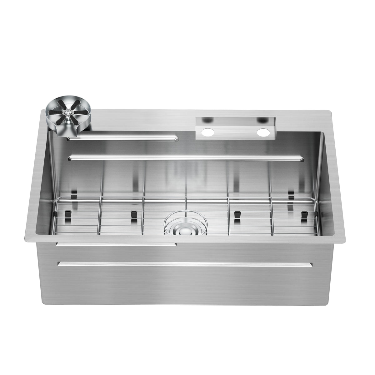 The Artika Neoflow single bowl 31 in. stainless steel workstation sink features a deep rectangular basin, protective grid, two faucet holes for a pull-down faucet, a round drain, and smooth brushed metal finish with clean modern lines.