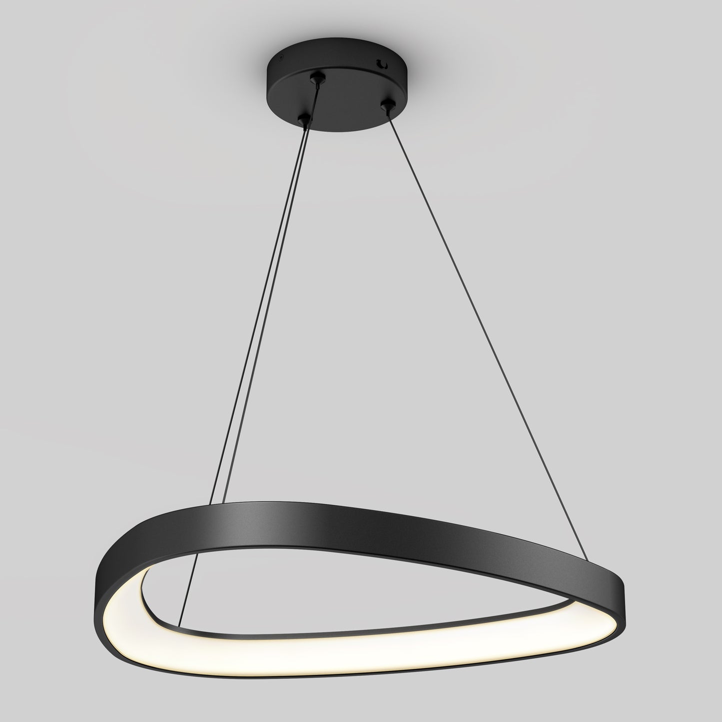 The Artika Bjorn modern LED pendant light 5 CCT, a sleek black oval fixture suspended by two slim cables, emits a soft white glow against a plain light gray background.