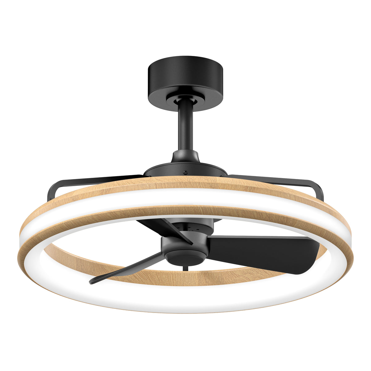 The Artika Lugano 23 in. LED modern ceiling fan features three black blades, a circular wooden accent ring with integrated LED lighting, and comes with a remote for easy control.