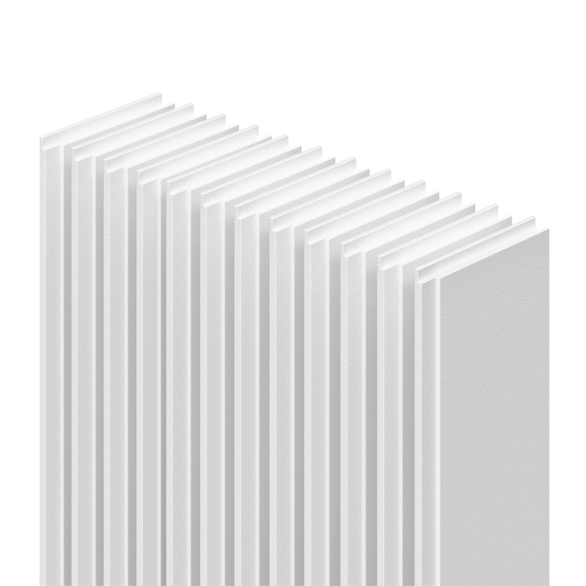 A row of white books mirrors the minimalist look of Artika AXEN Shilap 48 in. MDF Wall Panels, ready-to-paint and perfectly aligned.