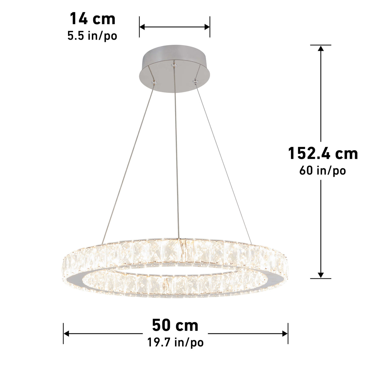Modern circular chandelier with crystal accents, suspended by three cables from a round ceiling mount. Dimensions: 14 cm wide mount, 50 cm wide ring, 152.4 cm maximum hanging height. Measurements also shown in inches.