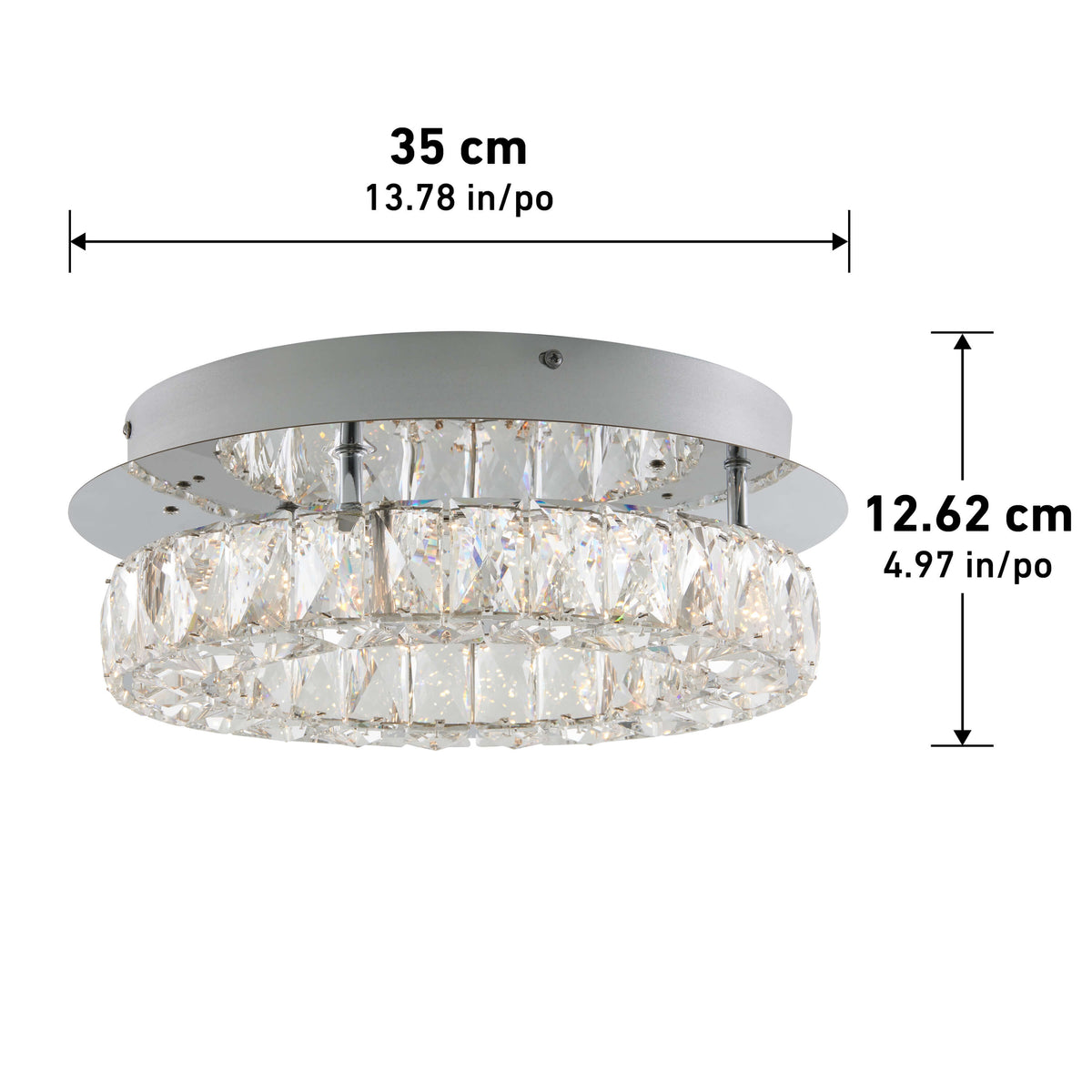Round crystal ceiling light fixture with a silver base, measuring 35 cm (13.78 in) in diameter and 12.62 cm (4.97 in) in height. Arrows and labels indicate the dimensions.