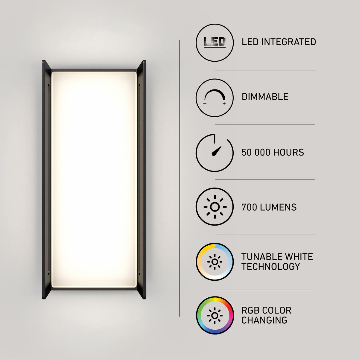 The Artika Ryker smart RGB indoor-outdoor wall light features integrated LED, dimming, 50,000-hour lifespan, 700 lumens brightness, tunable white technology, and RGB color-changing capabilities.