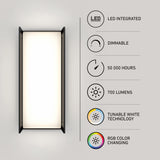 Rectangular wall light glows softly; icons and text highlight features: LED integrated, dimmable, 50,000-hour lifespan, 700 lumens, tunable white technology, and RGB color changing.