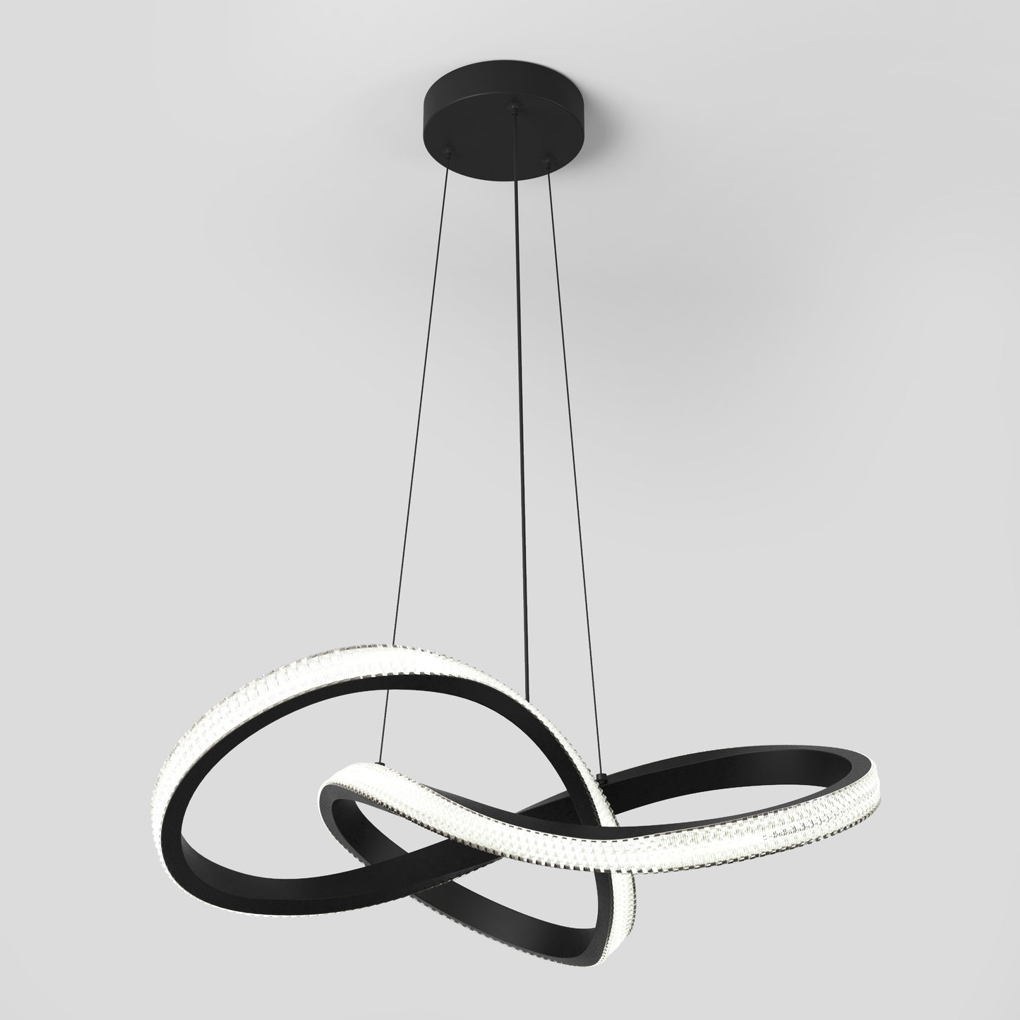 The Morgan LED contemporary pendant light by Artika features two intertwined black rings with bright LEDs, suspended from a round black canopy by three slim cables for a modern, sculptural look.