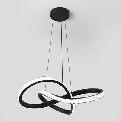 The Morgan LED contemporary pendant light by Artika features two intertwined black rings with bright LEDs, suspended from a round black canopy by three slim cables for a modern, sculptural look.