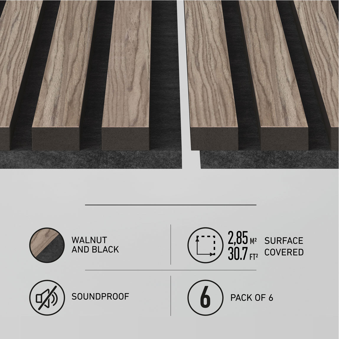 Close-up of walnut and black soundproof acoustic panels with text indicating 2.85 m² (30.7 ft²) surface covered, walnut and black color, soundproof feature, and a 6-pack.