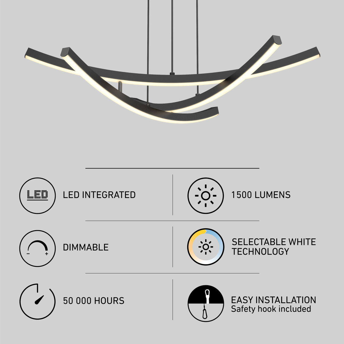 Modern curved LED pendant light with five feature icons below: LED integrated, dimmable, 50,000 hours lifespan, 1500 lumens, selectable white technology, and easy installation with a safety hook included.