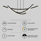 Modern curved LED pendant light with five feature icons below: LED integrated, dimmable, 50,000 hours lifespan, 1500 lumens, selectable white technology, and easy installation with a safety hook included.