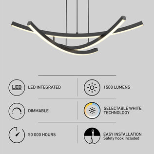The Artika Orly modern LED pendant light 5 CCT features integrated LEDs, 1500 lumens, dimmable lighting, selectable white technology, a 50,000-hour lifespan, and easy installation with a safety hook.