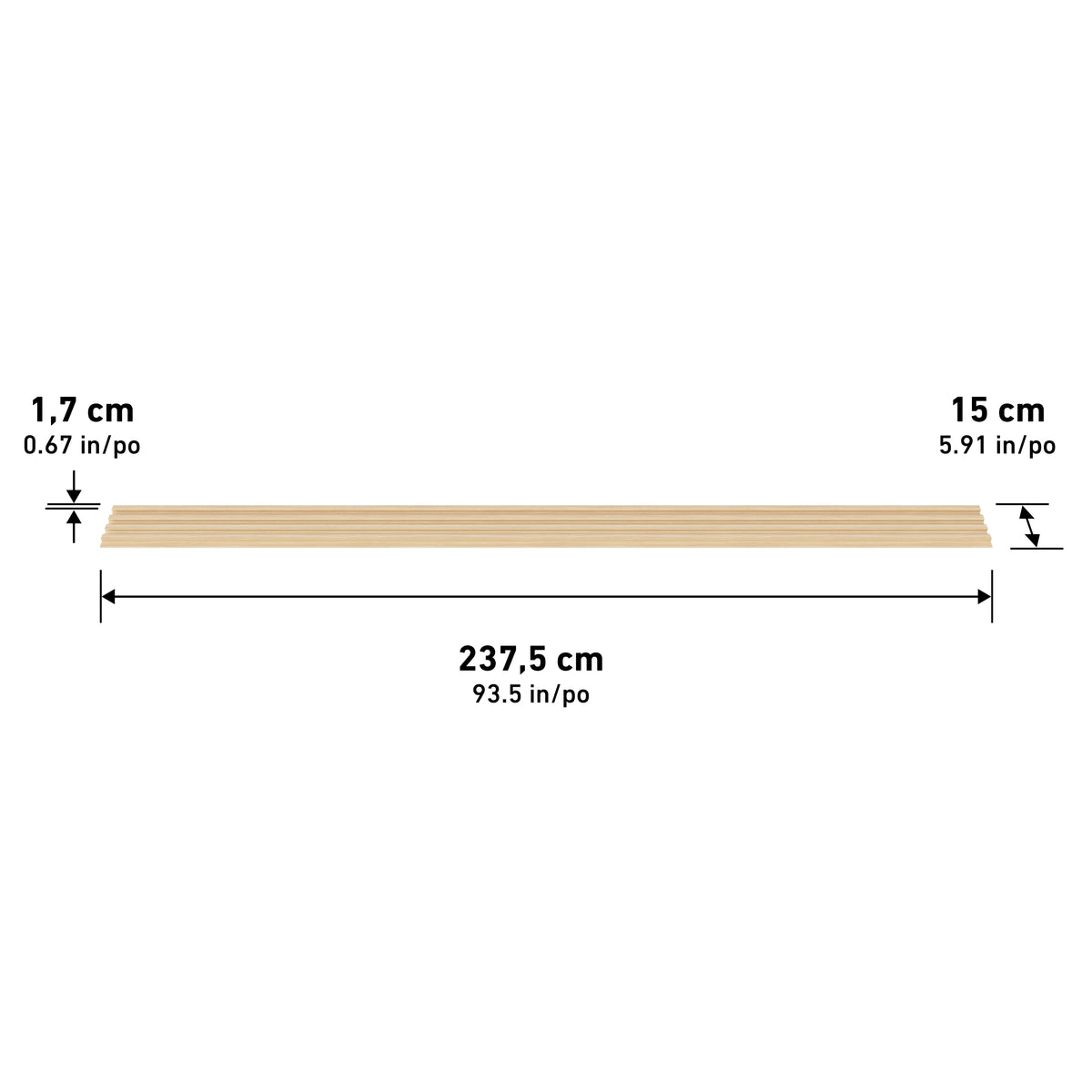 The Artika Panolok 30.67 ft wall panel kit (pack of 8) features oak-finish planks, each measuring 1.7 cm thick, 15 cm wide, and 237.5 cm long—ideal for Scandinavian design or slatwall panels.