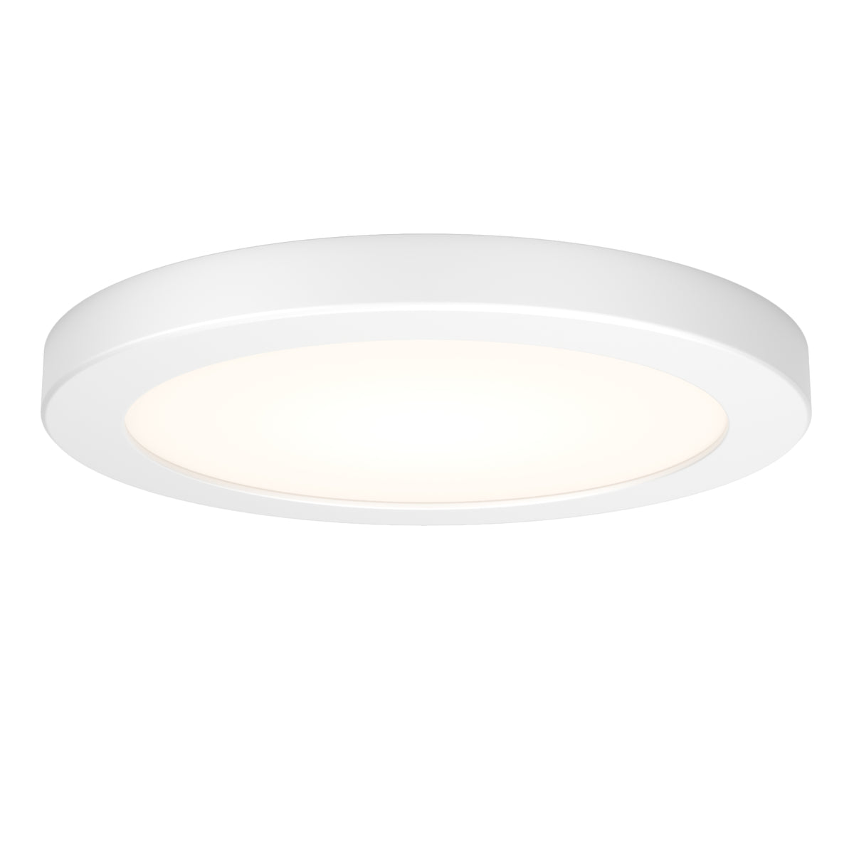 A round, white, modern ceiling light fixture with a smooth surface and a soft, glowing center.