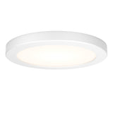 A round, white, modern ceiling light fixture with a smooth surface and a soft, glowing center.